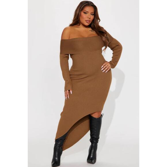 NWT Fashion Nova Tamara Camel Ribbed Knit Sweater Maxi Bodycon Dress Size 2XL - Picture 1 of 12